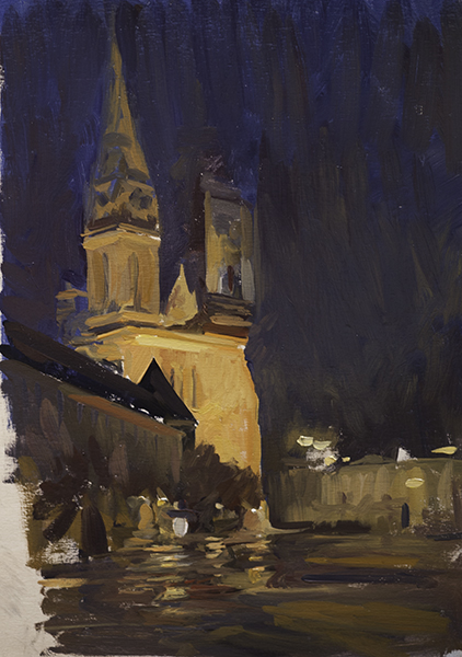 Cathedral Nocturne #2. 30 x 20, oil on panel (unfinished).