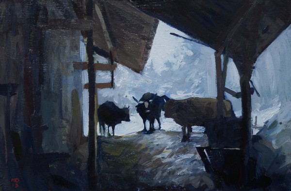 Painting of cows in the snow.