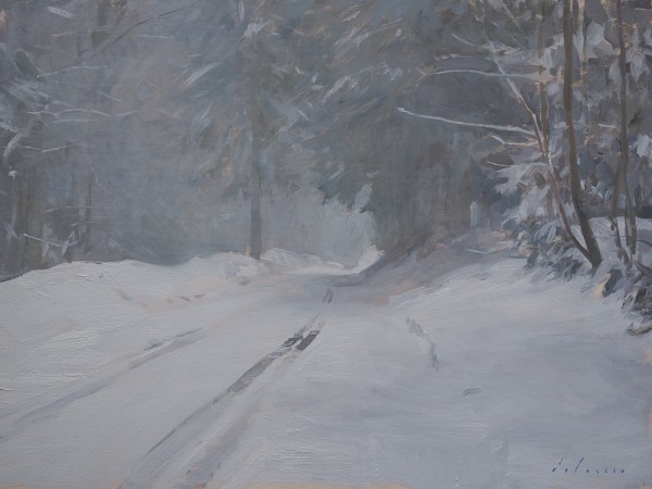 Painting of a road in the snow.