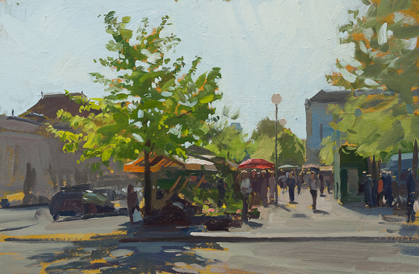 Plein air painting of the flower market in front of the Zagreb train station.