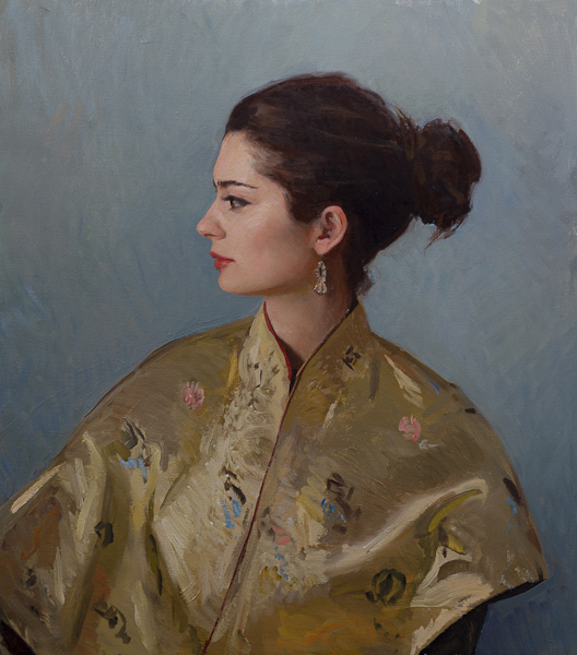 Portrait in oils of my wife in a gold kimono.