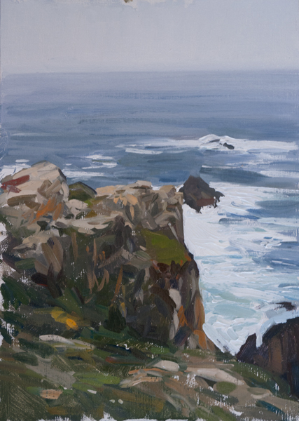 Plein air painting of cliffs at Point Lobos.