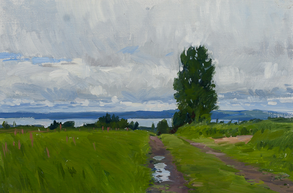 Plein air landscape painting of a field above Lake Siljan, Dalarna, Sweden.