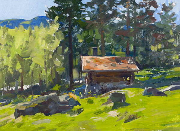 Oil painting of a cabin in Telemark