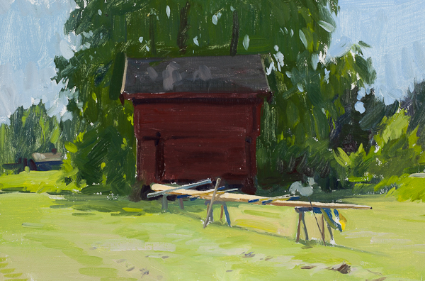 Plein air landscape painting of Preparing the Maypole for midsummer in Sweden.