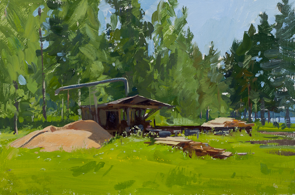 Plein air landscape painting of a Sawmill near Laknäs, Sweden.