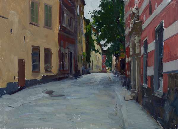 Oil painting of Slälagårdsgatan street in Stockholm