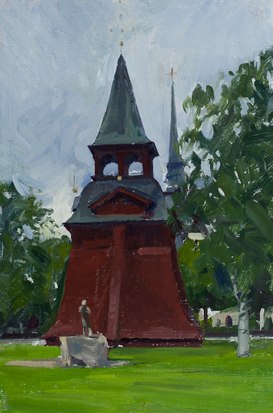 Oil painting of the bell tower in Mora, Sweden.