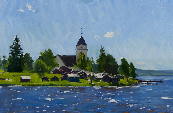 Plein air landscape painting of the Church at Rättvik.