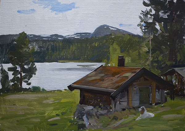 plein air sketch of a dog by a cabin in Telemark, Norway