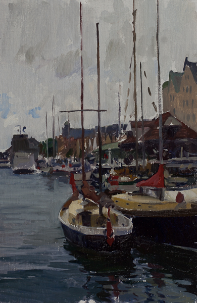 Oil painting of Sailboats in Bergen, Norway