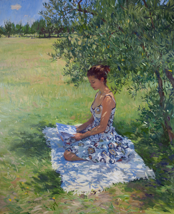 Plein air painting of a woman reading under an olive tree in Chianti.
