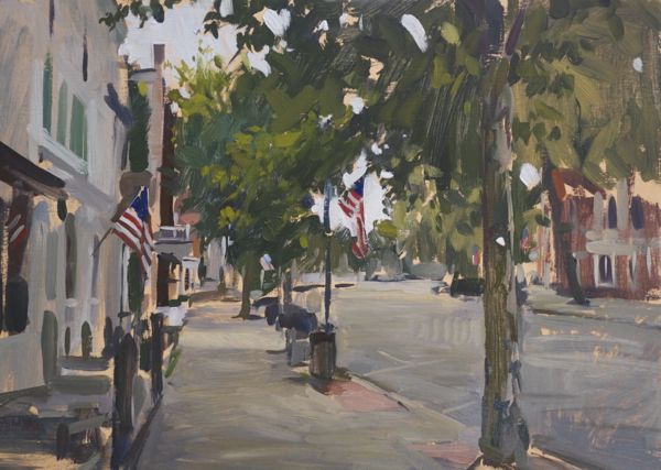 Plein air landscape painting of Main Street in Sag Harbor.