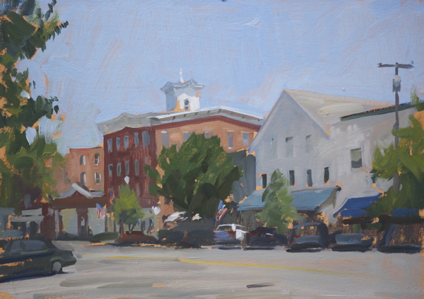 Plein air landscape painting of the municipal building in Sag Harbor.