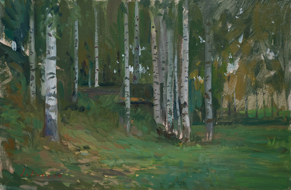 Plein air sketch of a grove of birch trees in Plyos, Russia.
