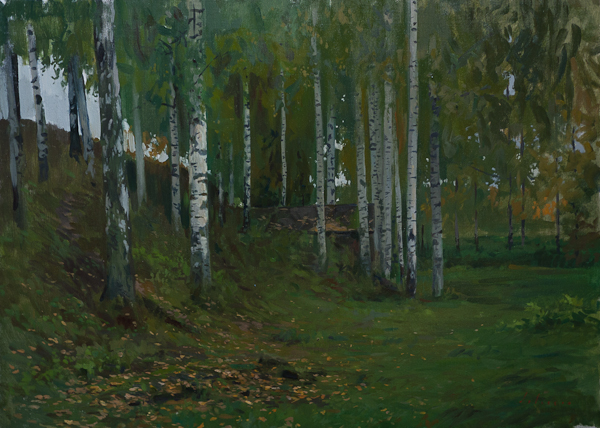 Oil painting of a birch grove in Plyos, Russia.
