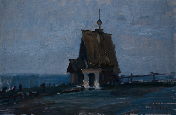 Oil painting of the little wooden church above Plyos, Russia.