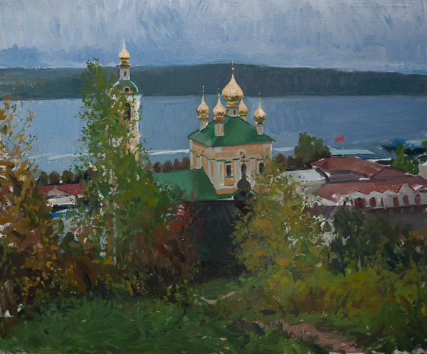 Plein air oil painting of theChurch of the Resurrection in the Rain, Plyos.