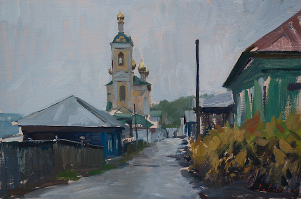 Oil painting of a rainy day in Plyos.