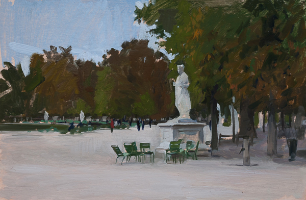 Landscape painting of a statue in the Tuileries Gardens, Paris