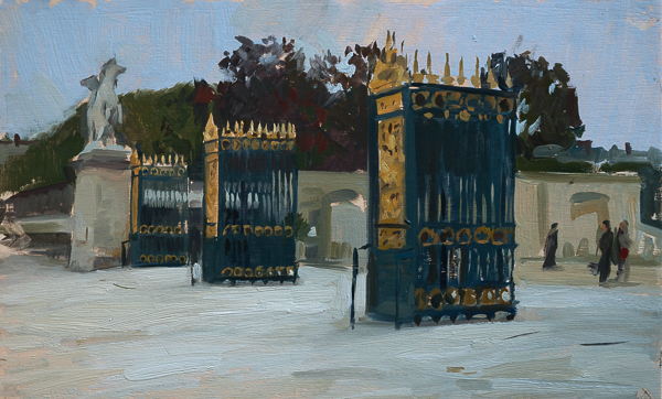 Plein air landscape painting of the gates to the Jardin des Tuileries in Paris