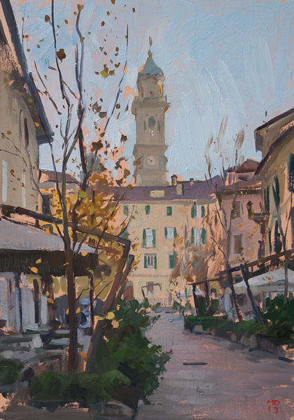 Plein air painting of the bell tower of San Vittore, Varese.