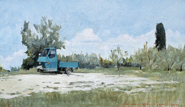 Plein air sketch of a Piaggio Ape in the Tuscan countryside.
