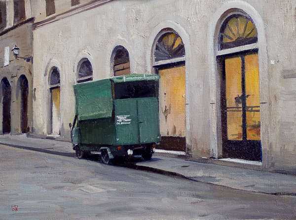 Oil painting of a delivery truck in Florence.