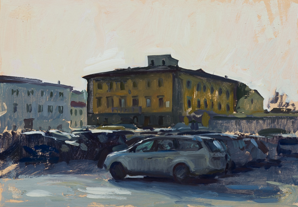 Plein air cityscape oil painting of Piazza del Carmine, Florence.