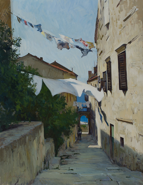Landscape painting in oil of laundry blowing in the wind.