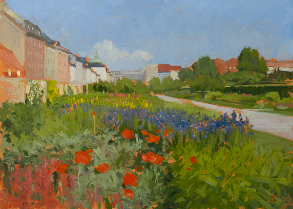 Oil painting of the English Gardens in the Kongens Have, Copenhagen.