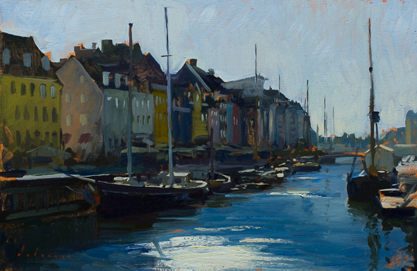 Plein air painting of Morning on the Nyhavn, Copenhagen.