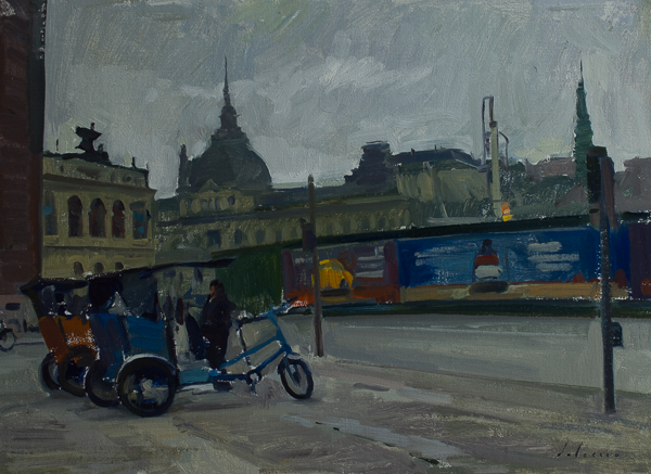 Oil painting of rickshaws in Copenhagen.