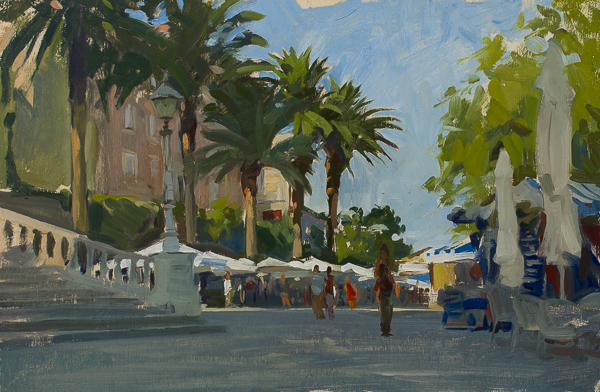 Plein air painting of the stalls in Korcula.