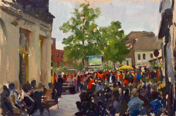 Plein air painting of Red Devils Fans watching the World Cup in Mechelen.