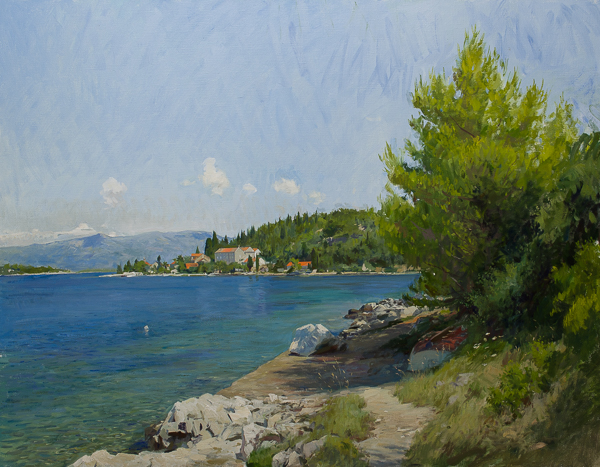 Plein air landscape painting of Vrnik, Croatia.