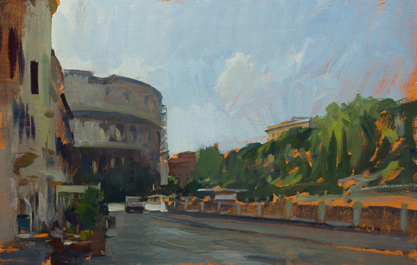 Plein air painting of the Colosseum in Rome.