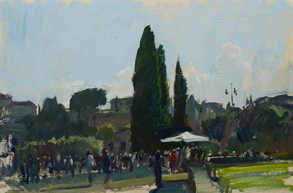 Plein air landscape painting of the entrance to the Colosseum in Rome.