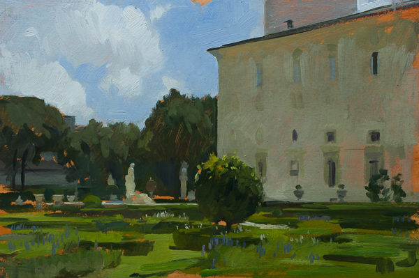 Plein air painting of the gardens of the Villa Borghese in Rome.