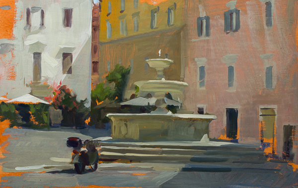 Plein air painting of the piazza dei Monti in Rome.