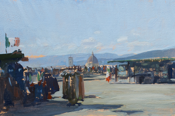 Plein air landscape painting of the Duomo of Florence from Piazza Michelangelo.