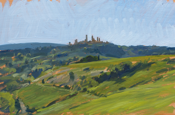 Plein air oil painting of San Gimignano.