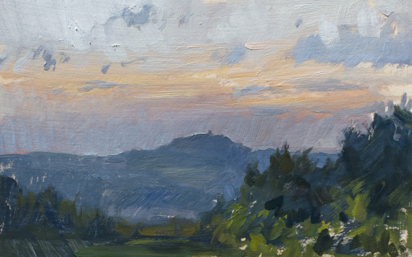 Plein air landscape painting of sunset in Tuscany.