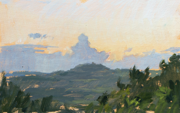 Plein air landscape painting of a Tuscan sunset.