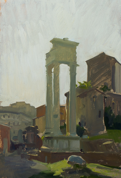 Plein air painting of a Roman ruin in Rome.