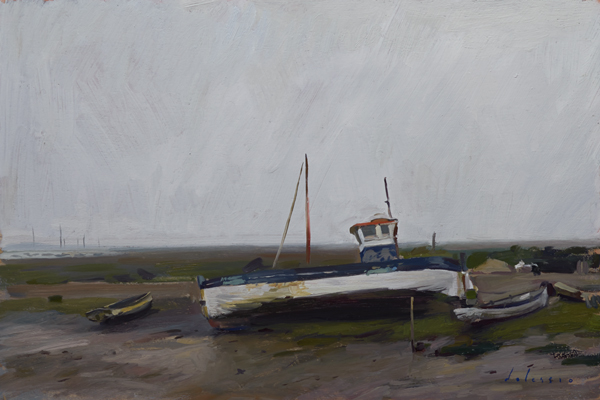 Plein air painting of a boat at low tide, Brancaster Staithe, Norfolk.