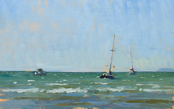 plein air painting of boats in the surf at cala di forno, tuscany.