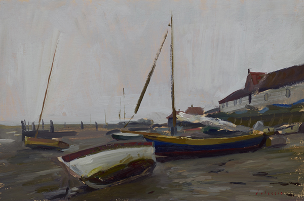 Plein air landscape painting of boats at Burnham Overy Staithe, Norfolk, UK