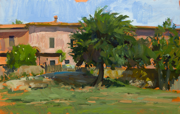 Plein air painting of the houses in Cala di Forno, Italy.