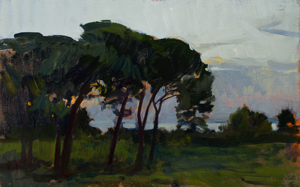 Plein air painting of sunset at Cala di Forno, Italy.